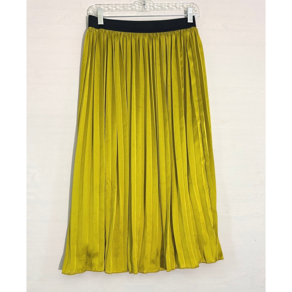 Rachel Zoe Chartreuse Yellow Pleated Midi Skirt Satin Elastic Waist Womens Med